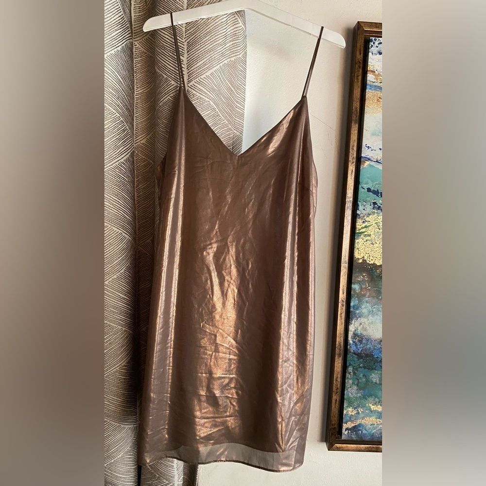 Wilfred Satin Slip Mini Dress Tan Copper  Size Small Adjustable Straps Side Slit